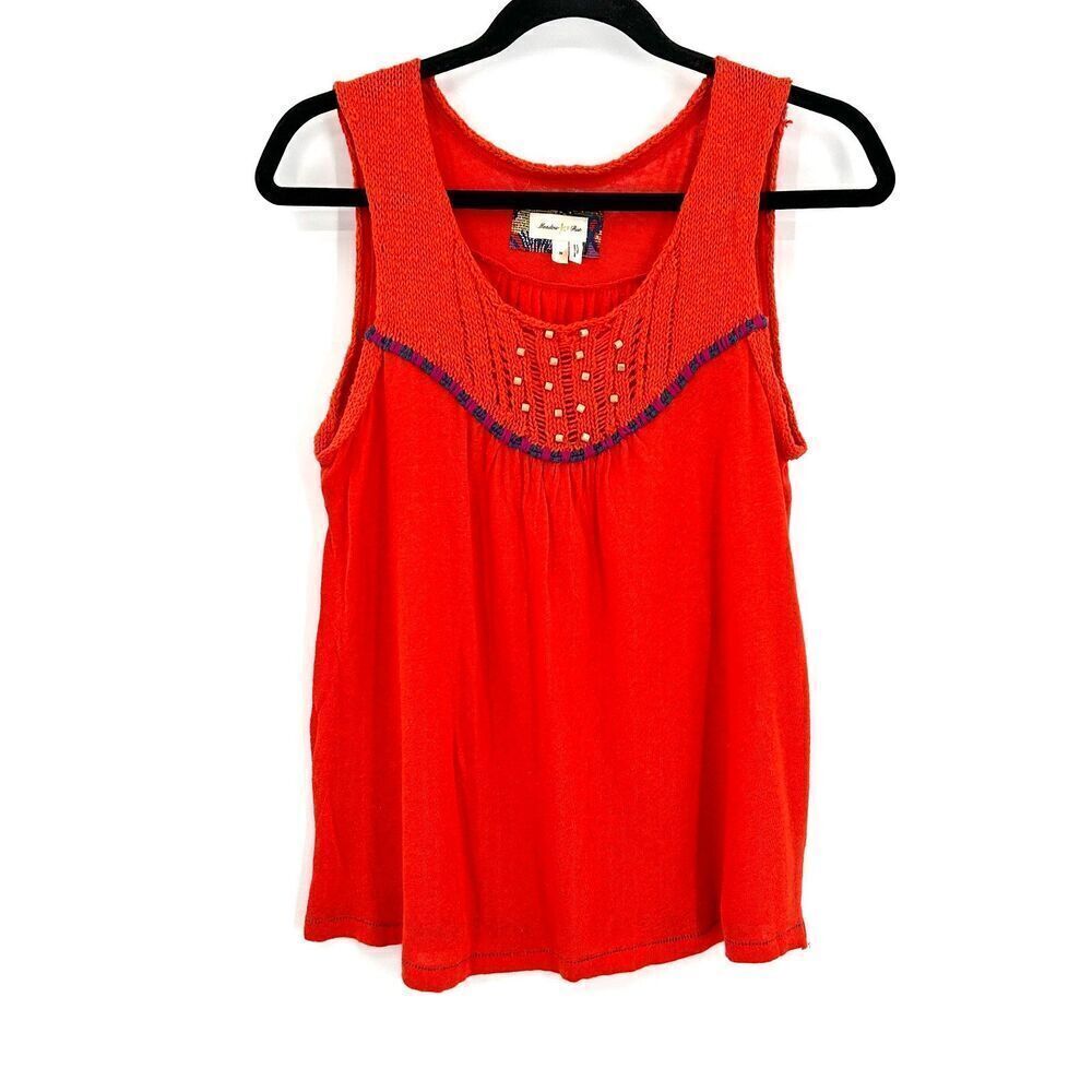 ANTHROPOLOGIE Meadow Rue Orange Linen Crochet Beaded Boho Tank Top Size Medium